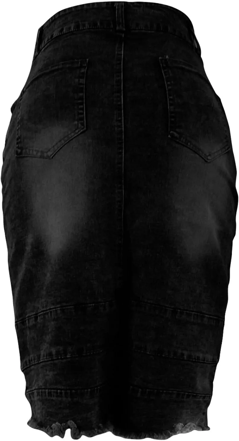 Women's Knee Length Jean Skirts Front Split Frayed Washed Denim Midi Skirts Bodycon High Waisted Dress with Pockets