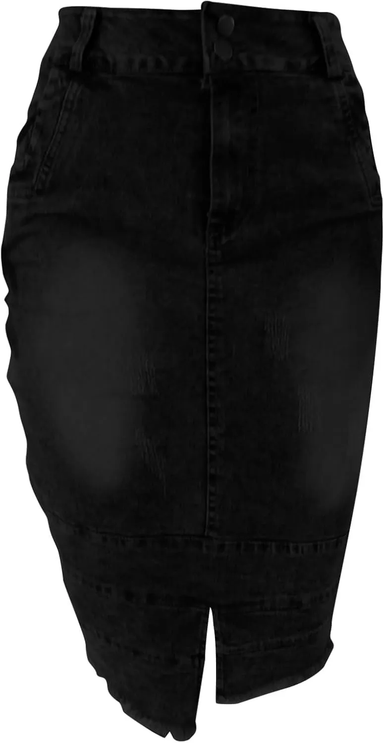 Women's Knee Length Jean Skirts Front Split Frayed Washed Denim Midi Skirts Bodycon High Waisted Dress with Pockets