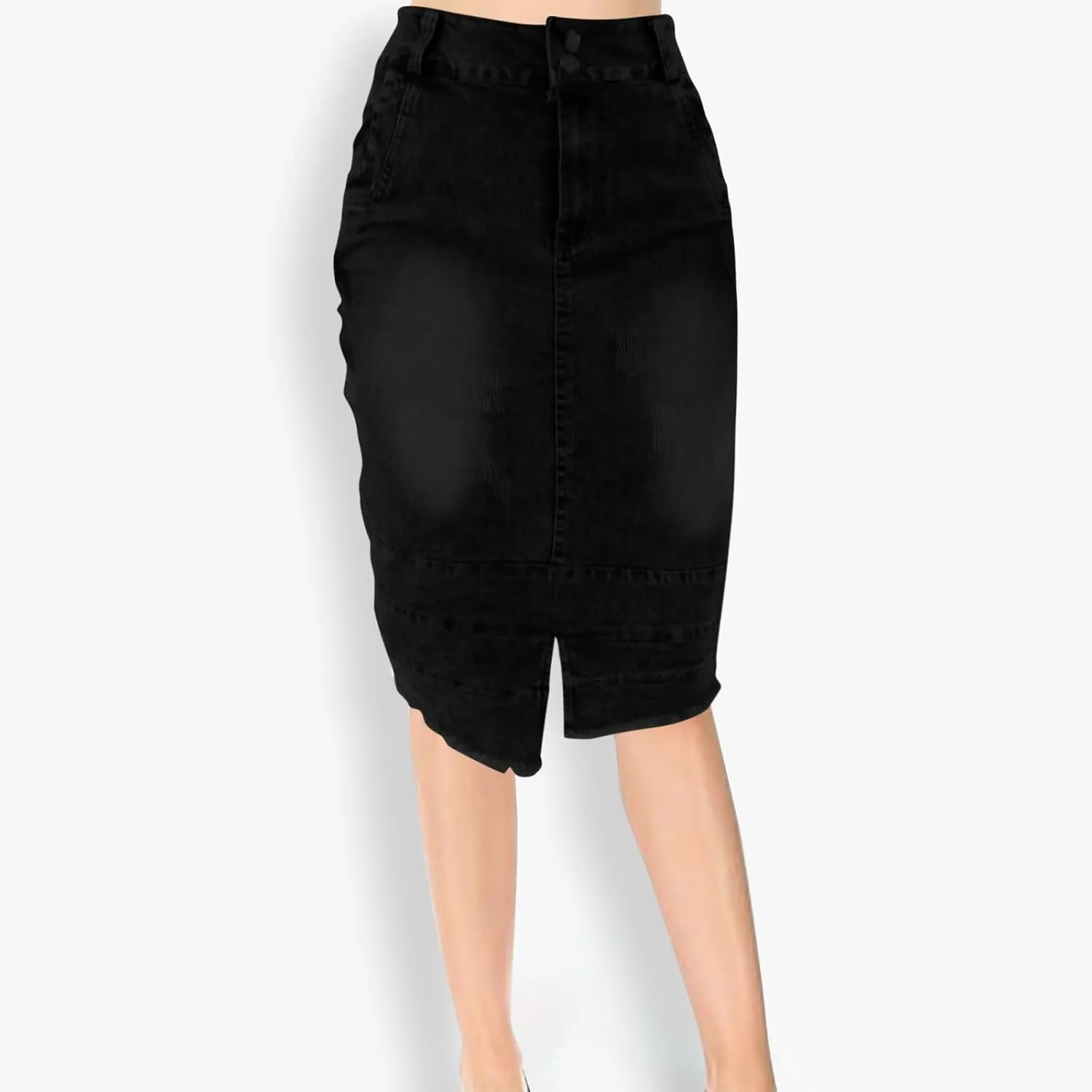 Women's Knee Length Jean Skirts Front Split Frayed Washed Denim Midi Skirts Bodycon High Waisted Dress with Pockets