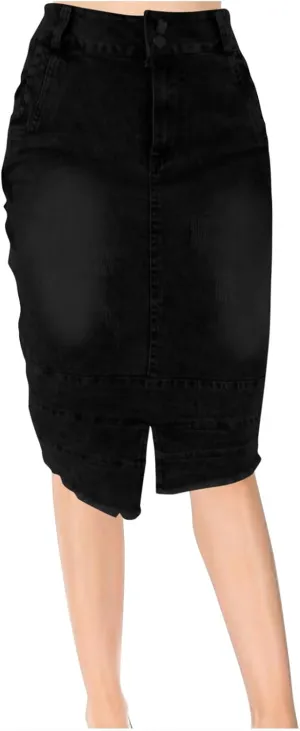 Women's Knee Length Jean Skirts Front Split Frayed Washed Denim Midi Skirts Bodycon High Waisted Dress with Pockets