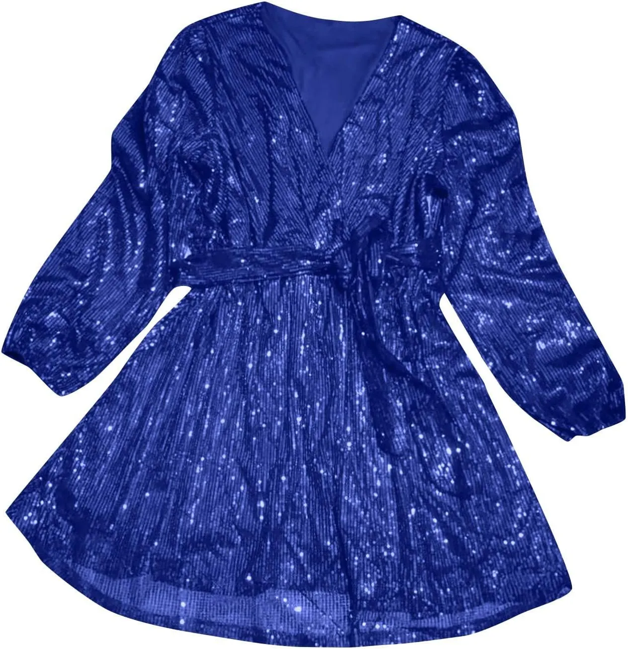 Women's Lantern Long Sleeve V Neck Sequin Cocktail Party Dress Plus Size Dresses for Women Wedding Guest with Belt