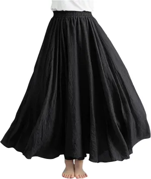 Women's Lined Elastic High Waist Pleated A-Line Flared Maxi Skirts Casual Summer Flowy Beach Swing Solid Color Sundress