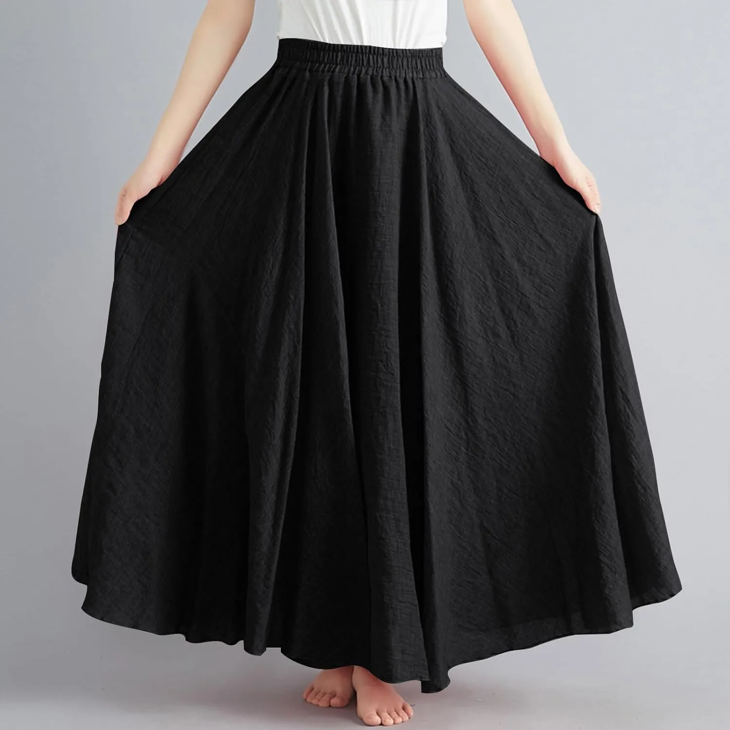 Women's Lined Elastic High Waist Pleated A-Line Flared Maxi Skirts Casual Summer Flowy Beach Swing Solid Color Sundress