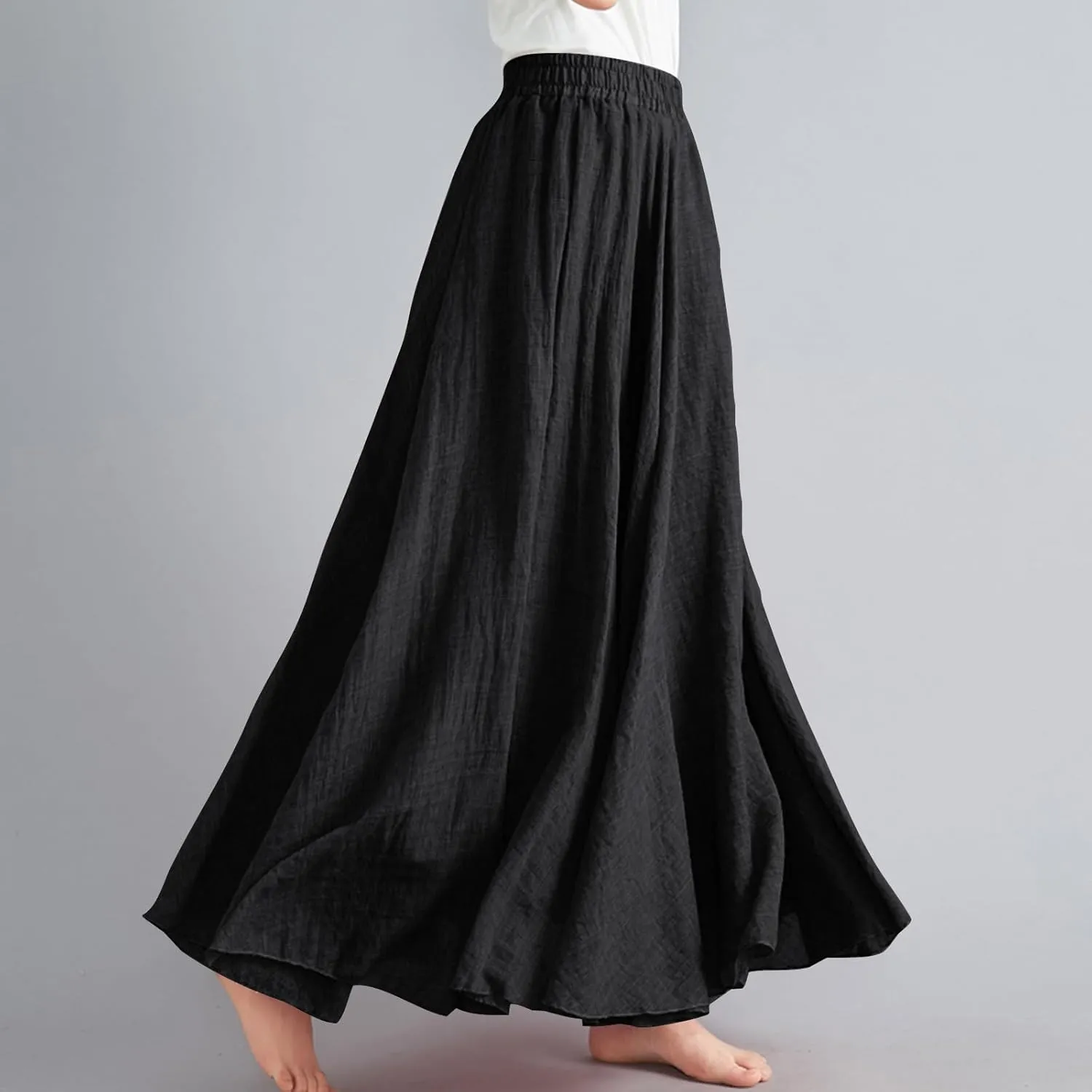 Women's Lined Elastic High Waist Pleated A-Line Flared Maxi Skirts Casual Summer Flowy Beach Swing Solid Color Sundress