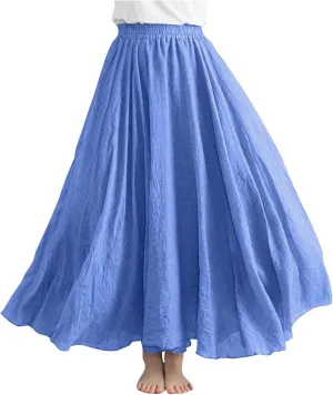 Women's Lined Elastic High Waist Pleated A-Line Flared Maxi Skirts Casual Summer Flowy Beach Swing Solid Color Sundress