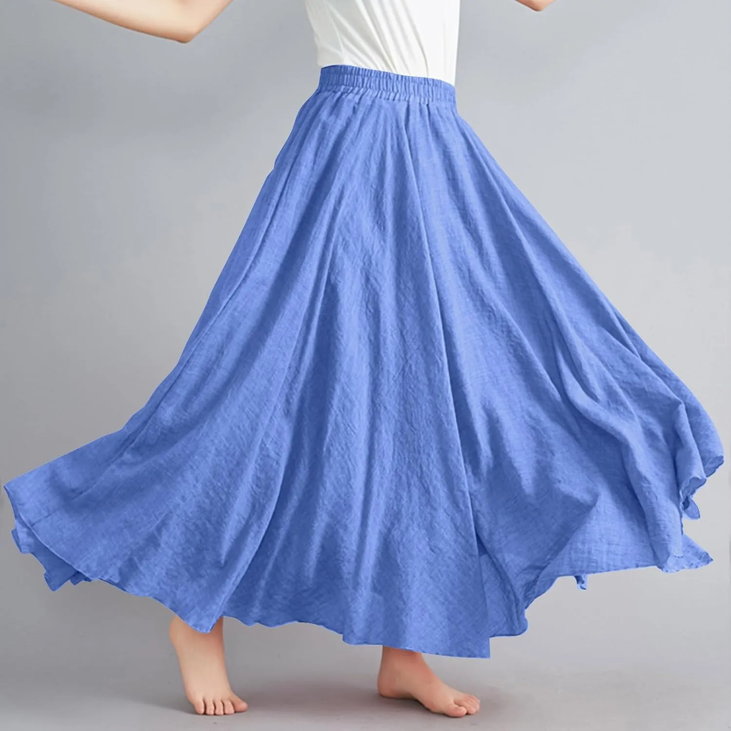 Women's Lined Elastic High Waist Pleated A-Line Flared Maxi Skirts Casual Summer Flowy Beach Swing Solid Color Sundress