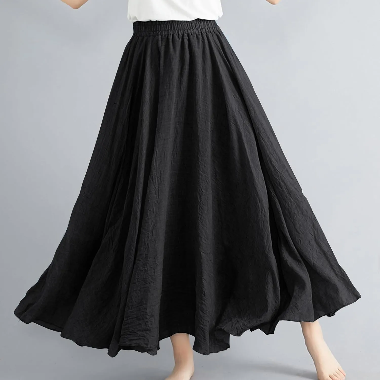 Women's Lined Elastic High Waist Pleated A-Line Flared Maxi Skirts Casual Summer Flowy Beach Swing Solid Color Sundress