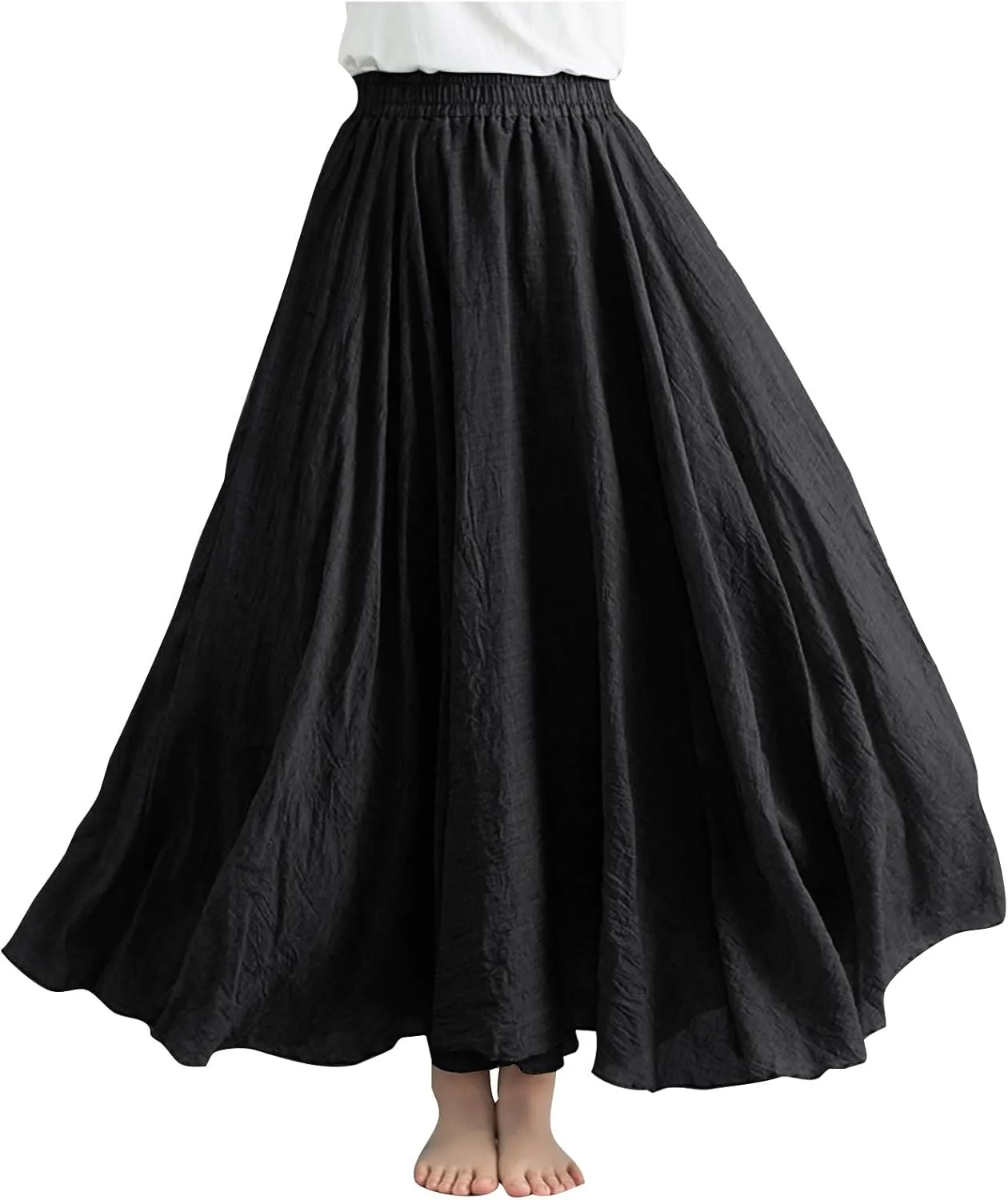 Women's Lined Elastic High Waist Pleated A-Line Flared Maxi Skirts Casual Summer Flowy Beach Swing Solid Color Sundress