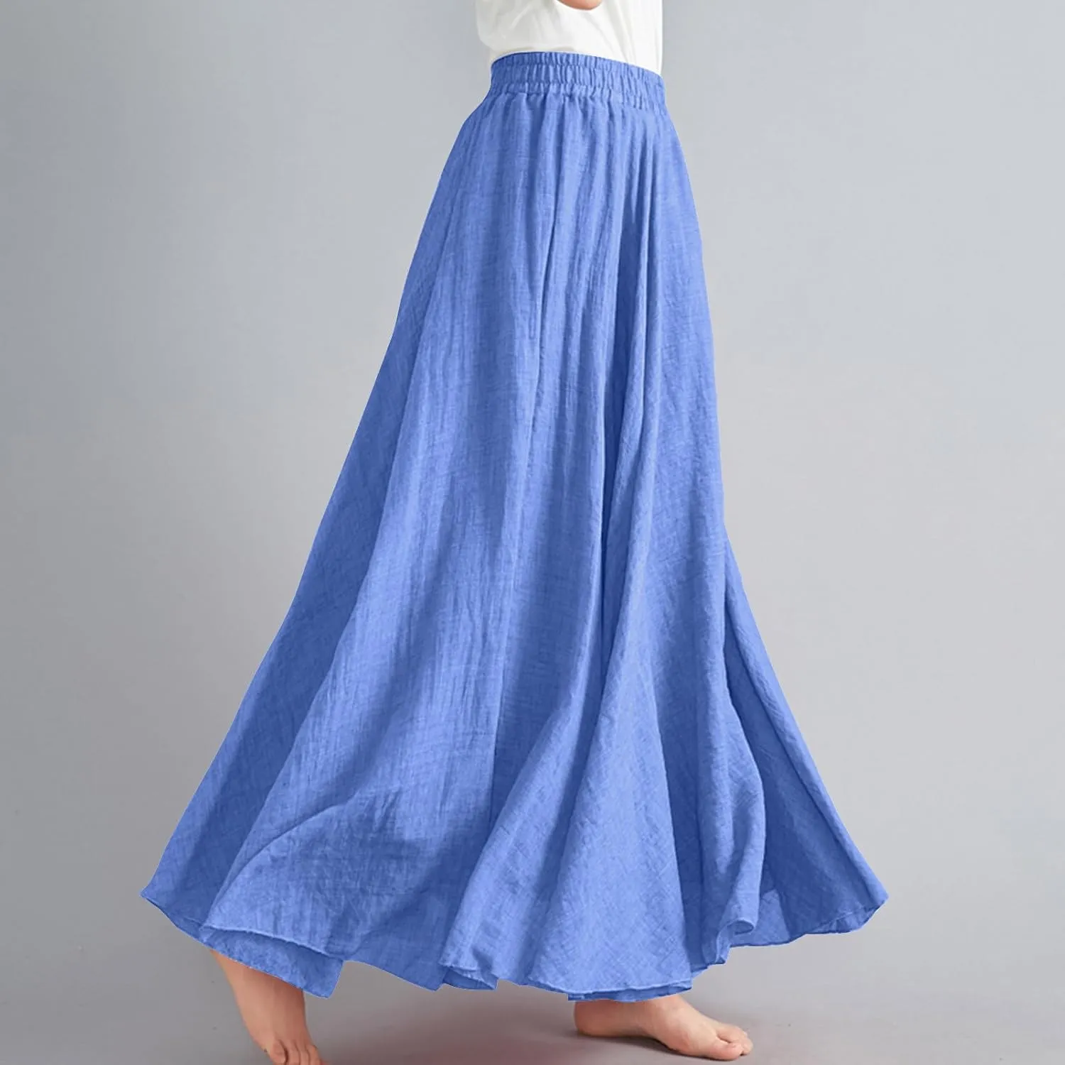 Women's Lined Elastic High Waist Pleated A-Line Flared Maxi Skirts Casual Summer Flowy Beach Swing Solid Color Sundress