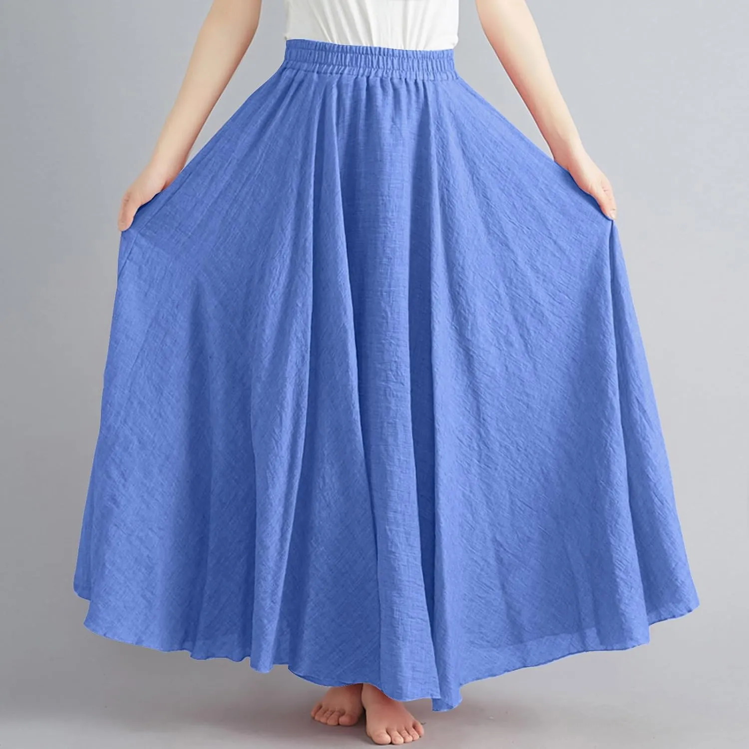 Women's Lined Elastic High Waist Pleated A-Line Flared Maxi Skirts Casual Summer Flowy Beach Swing Solid Color Sundress