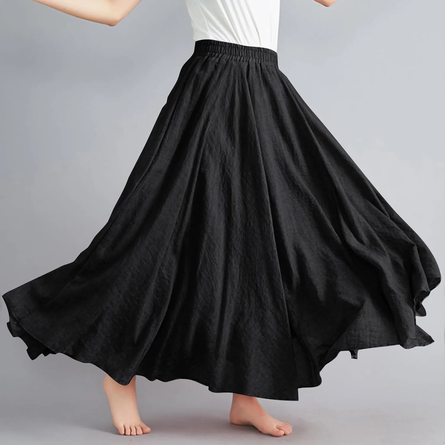Women's Lined Elastic High Waist Pleated A-Line Flared Maxi Skirts Casual Summer Flowy Beach Swing Solid Color Sundress