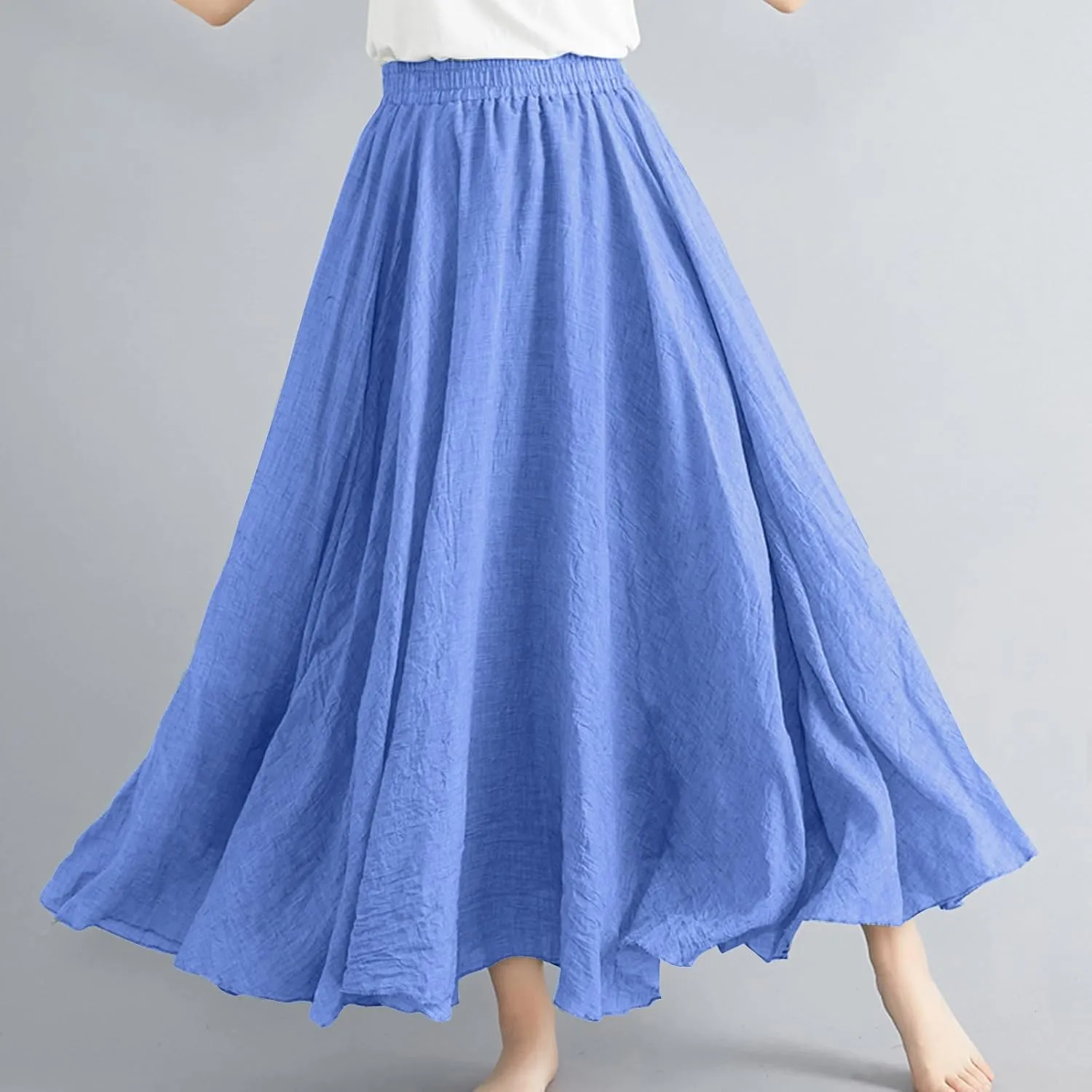 Women's Lined Elastic High Waist Pleated A-Line Flared Maxi Skirts Casual Summer Flowy Beach Swing Solid Color Sundress