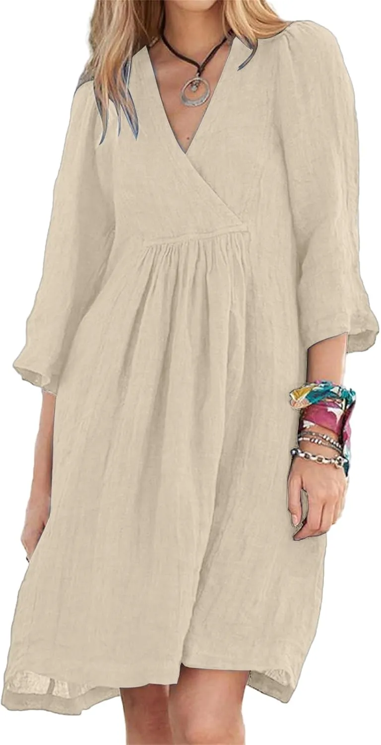 Womens Linen Dress Summer Casual A-line Dresses 3/4 Sleeve Knee Length Ruched Midi Dress V Neck Shift Dresses 2025