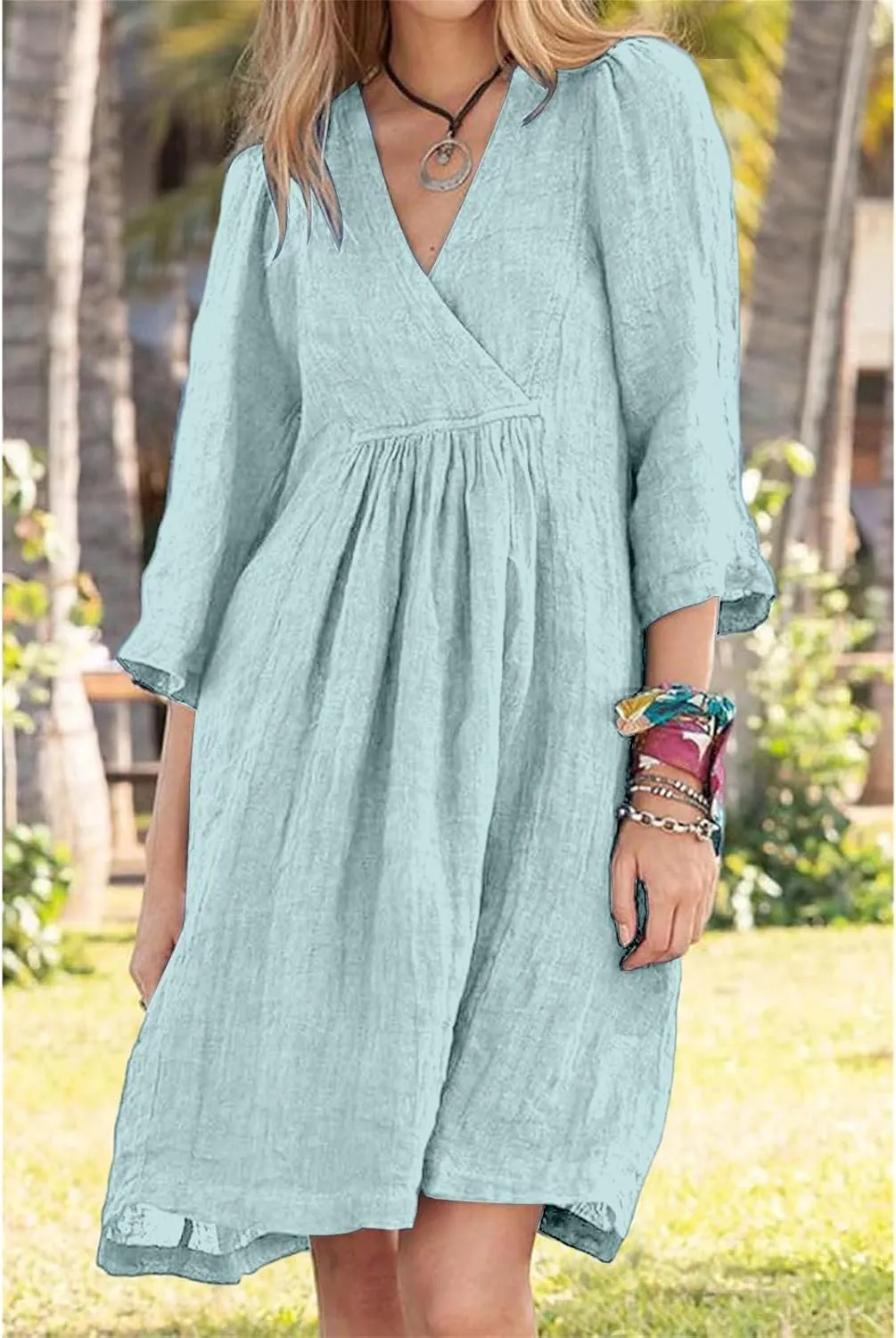 Womens Linen Dress Summer Casual A-line Dresses 3/4 Sleeve Knee Length Ruched Midi Dress V Neck Shift Dresses 2025