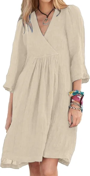 Womens Linen Dress Summer Casual A-line Dresses 3/4 Sleeve Knee Length Ruched Midi Dress V Neck Shift Dresses 2025