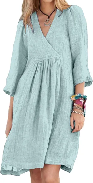 Womens Linen Dress Summer Casual A-line Dresses 3/4 Sleeve Knee Length Ruched Midi Dress V Neck Shift Dresses 2025