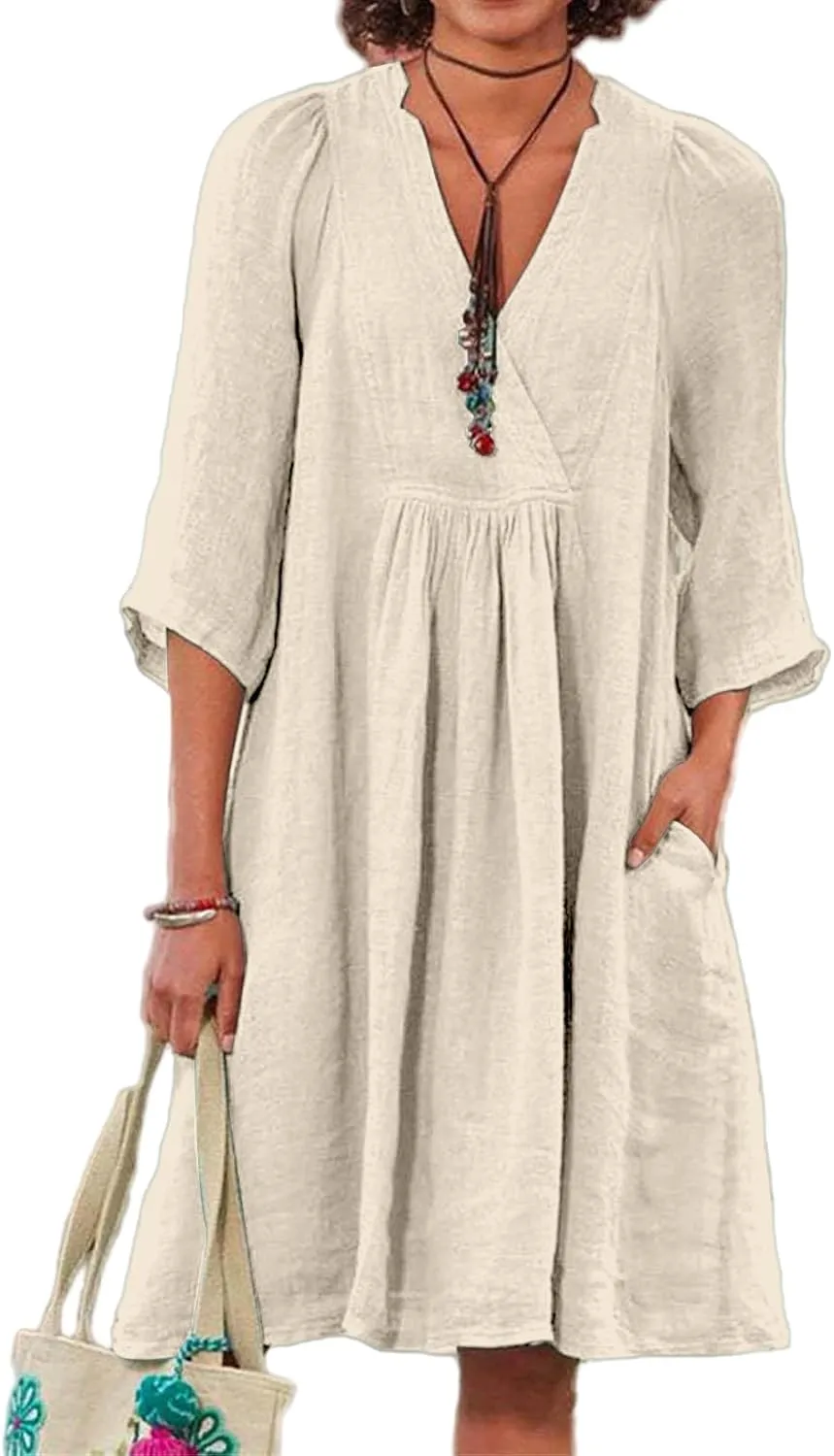 Womens Linen Dress Summer Casual A-line Dresses 3/4 Sleeve Knee Length Ruched Midi Dress V Neck Shift Dresses 2025
