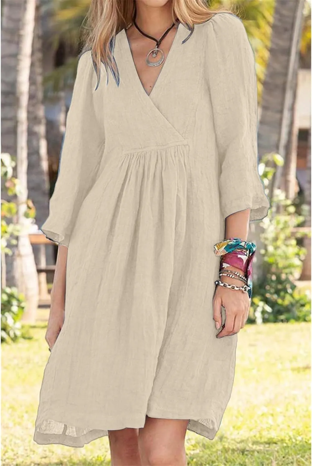 Womens Linen Dress Summer Casual A-line Dresses 3/4 Sleeve Knee Length Ruched Midi Dress V Neck Shift Dresses 2025