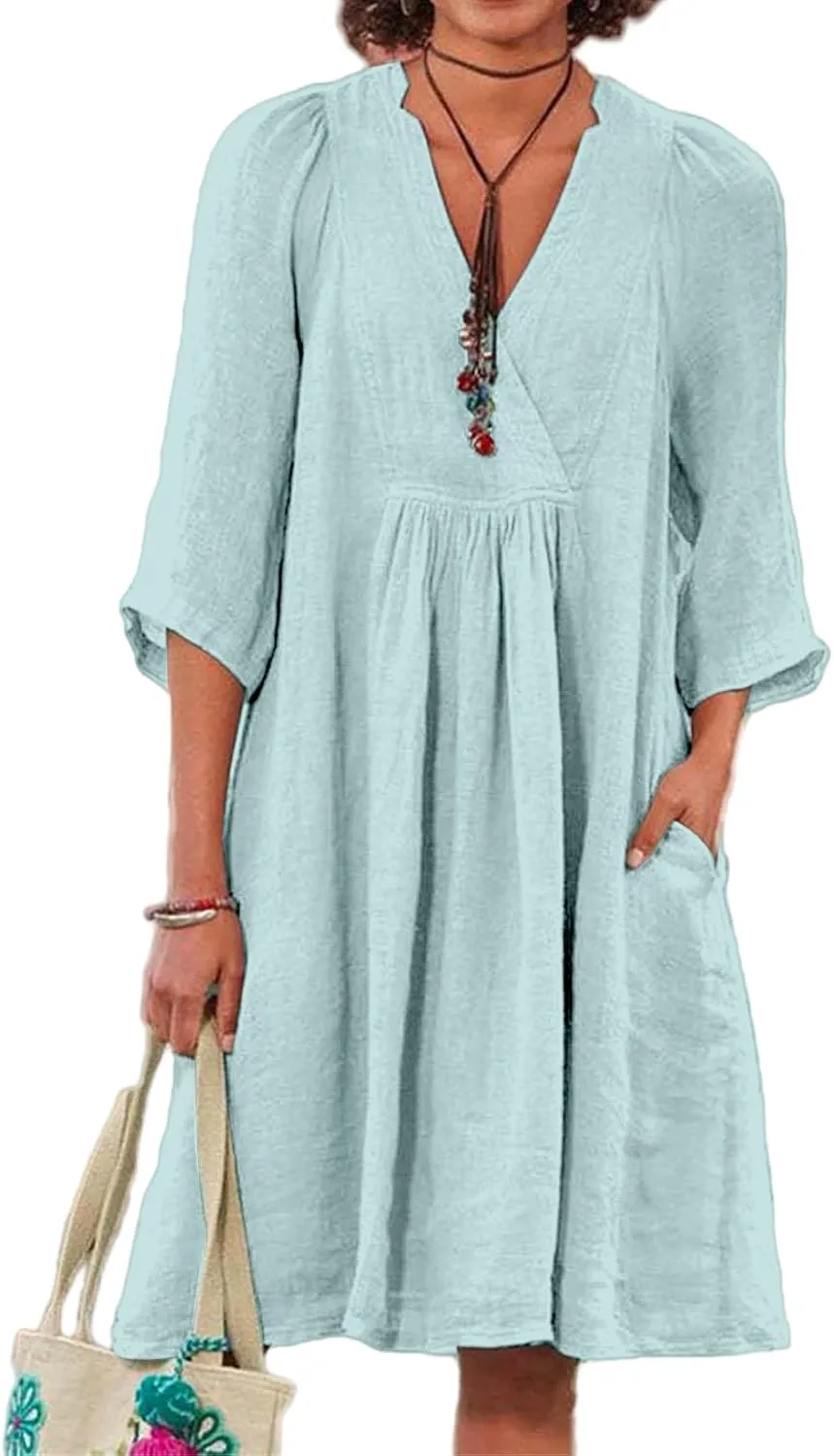 Womens Linen Dress Summer Casual A-line Dresses 3/4 Sleeve Knee Length Ruched Midi Dress V Neck Shift Dresses 2025