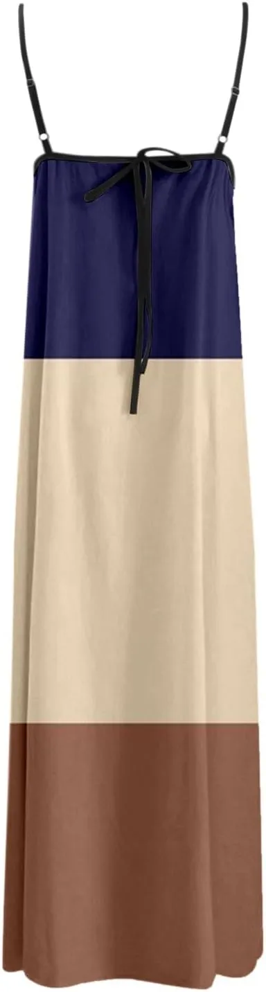 Womens Linen Maxi Dress Contrast Trim Spaghetti Straps Summer Outfits Sleeveless Long Dresses Women's Maxi Dress