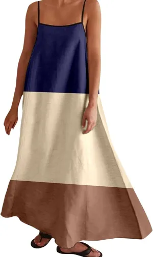 Womens Linen Maxi Dress Contrast Trim Spaghetti Straps Summer Outfits Sleeveless Long Dresses Women's Maxi Dress