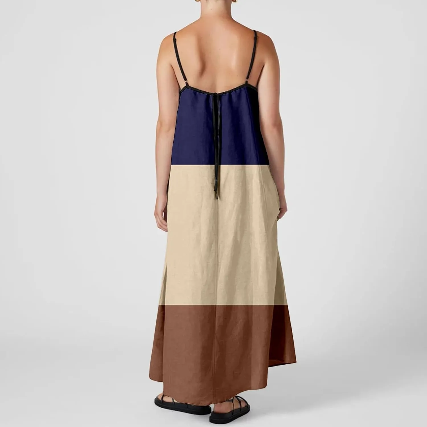 Womens Linen Maxi Dress Contrast Trim Spaghetti Straps Summer Outfits Sleeveless Long Dresses Women's Maxi Dress