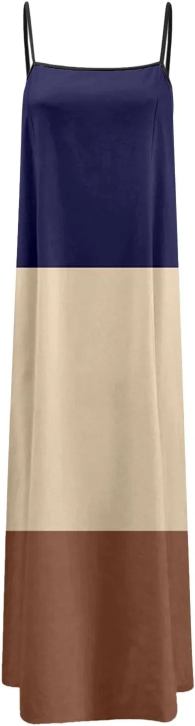 Womens Linen Maxi Dress Contrast Trim Spaghetti Straps Summer Outfits Sleeveless Long Dresses Women's Maxi Dress