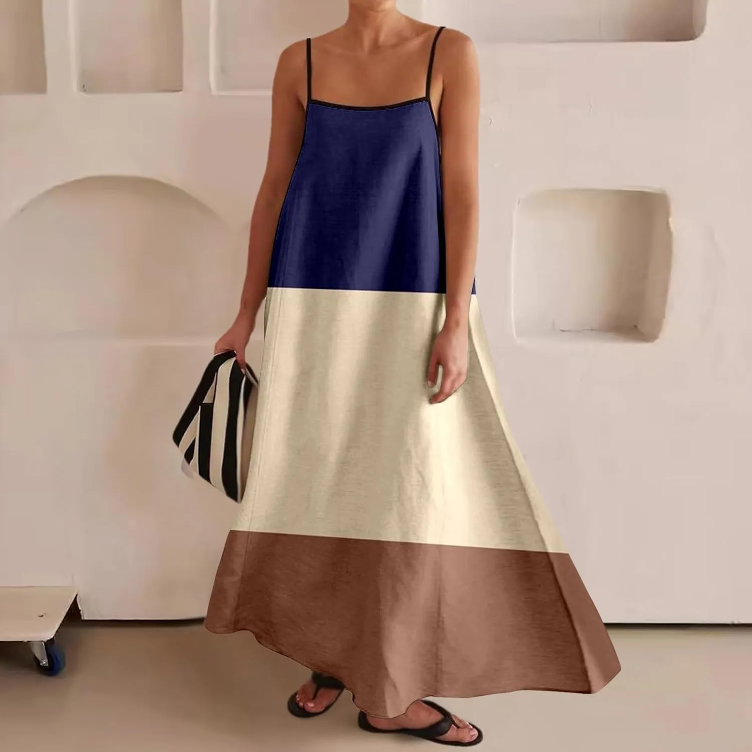 Womens Linen Maxi Dress Contrast Trim Spaghetti Straps Summer Outfits Sleeveless Long Dresses Women's Maxi Dress