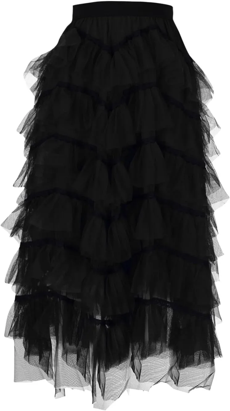 Womens Lolita Cake Skirts Layered Tulle Midi Skirt Elastic Waist Solid Color Mesh Prom Party Skirt