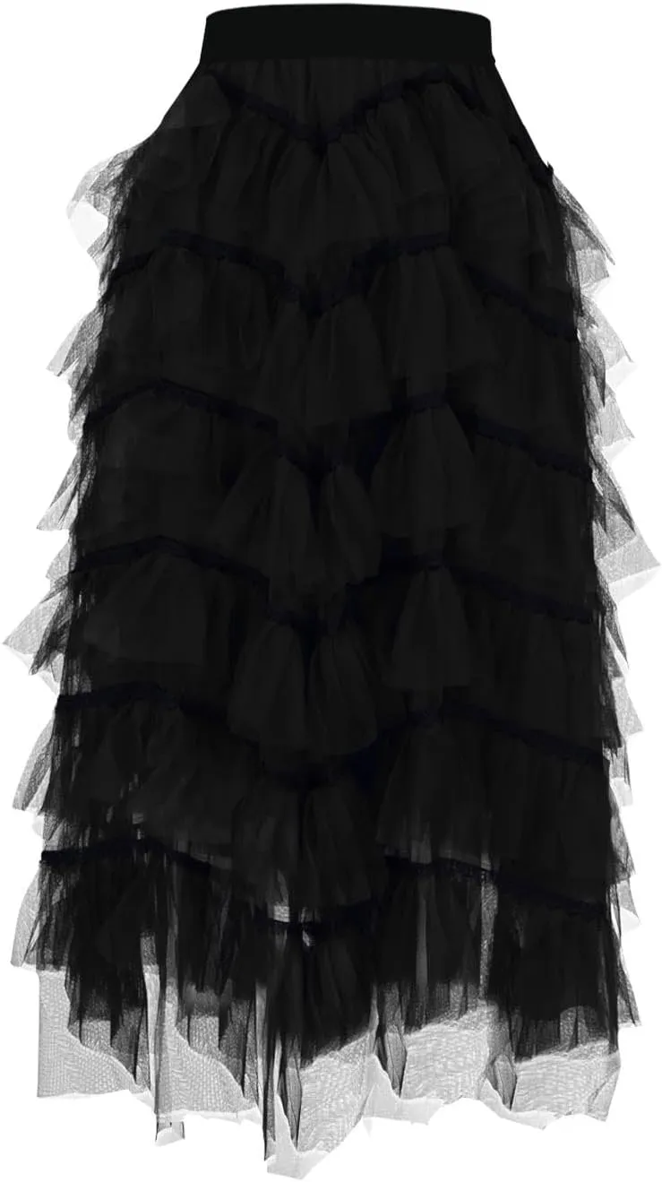 Womens Lolita Cake Skirts Layered Tulle Midi Skirt Elastic Waist Solid Color Mesh Prom Party Skirt