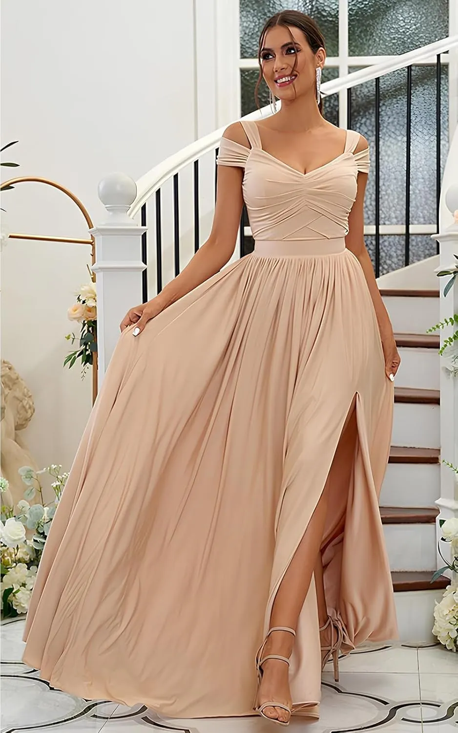 Women's Long Bridesmaid Dresses for Wedding Chiffon Off The Shoulder Formal Evening Gown with Slit R058