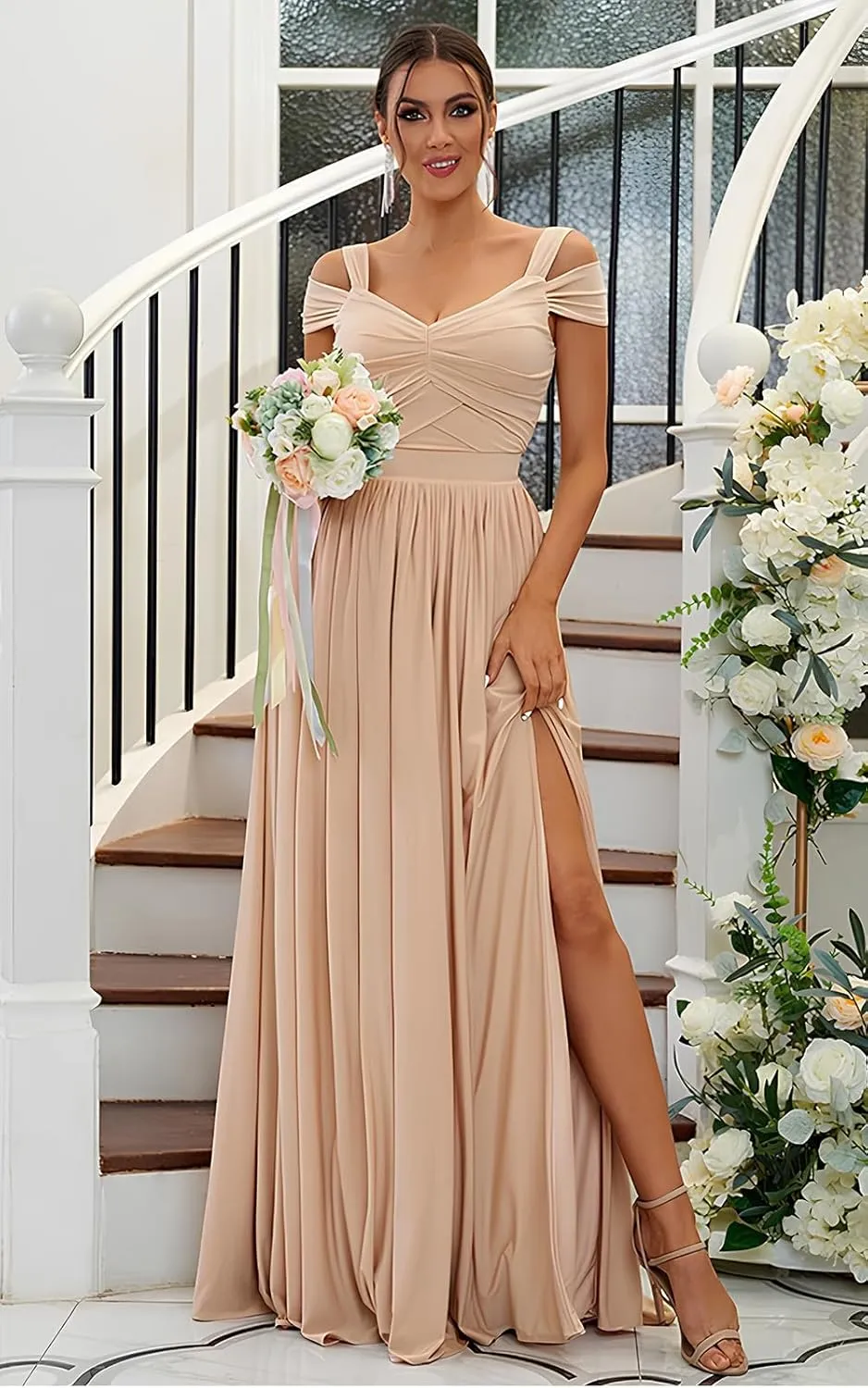 Women's Long Bridesmaid Dresses for Wedding Chiffon Off The Shoulder Formal Evening Gown with Slit R058