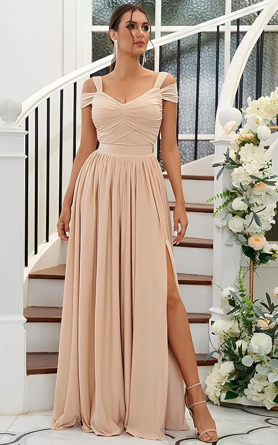 Women's Long Bridesmaid Dresses for Wedding Chiffon Off The Shoulder Formal Evening Gown with Slit R058