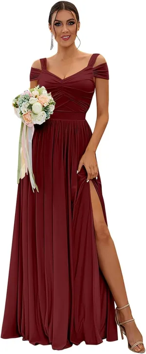 Women's Long Bridesmaid Dresses for Wedding Chiffon Off The Shoulder Formal Evening Gown with Slit R058