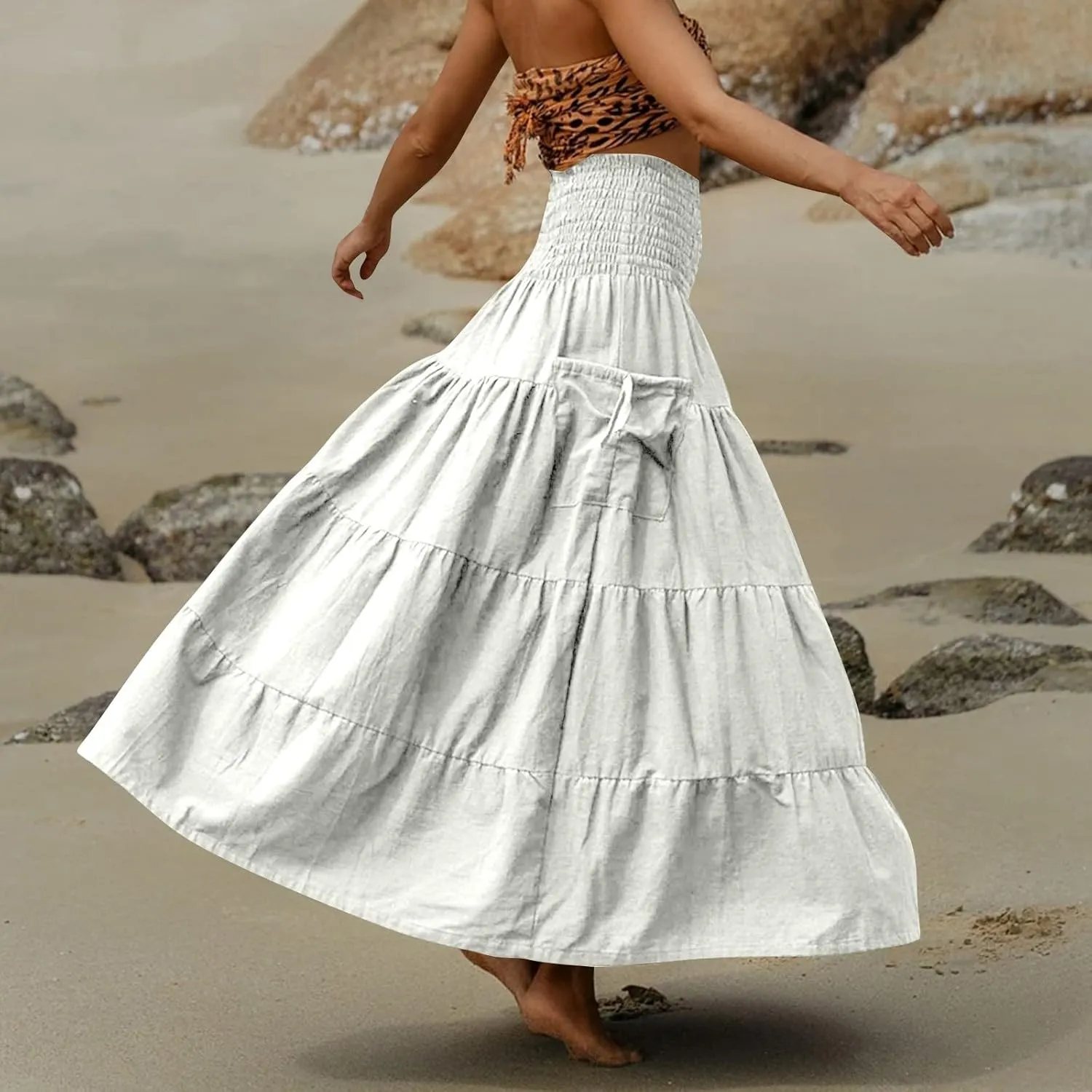 Womens Long Maxi Skirt Smocked Elastic Waist Pleated Tiered A Line Skirt Solid Beach Vacation Skirts with Pockets
