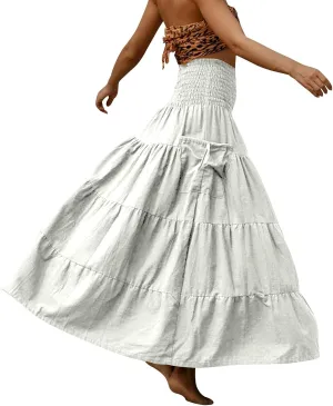 Womens Long Maxi Skirt Smocked Elastic Waist Pleated Tiered A Line Skirt Solid Beach Vacation Skirts with Pockets