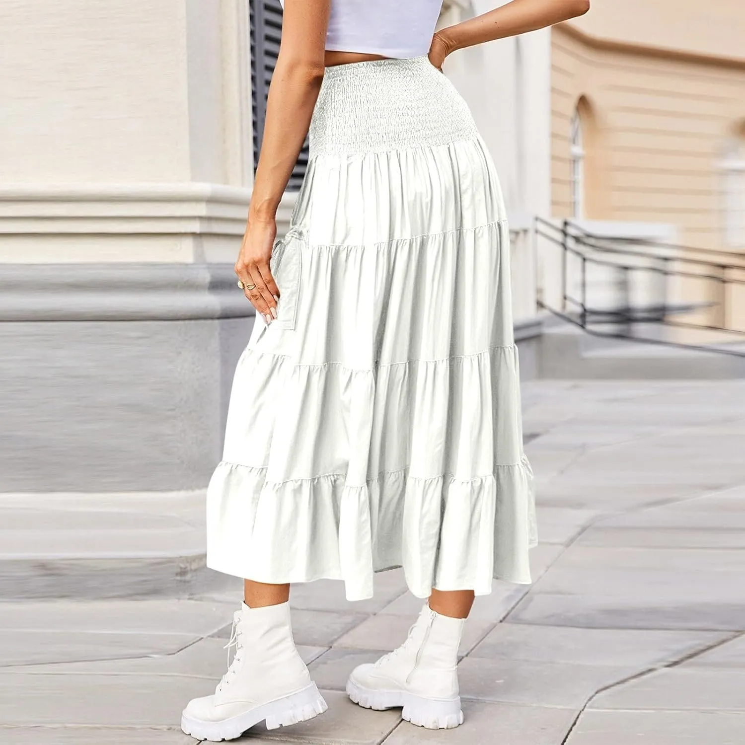 Womens Long Maxi Skirt Smocked Elastic Waist Pleated Tiered A Line Skirt Solid Beach Vacation Skirts with Pockets