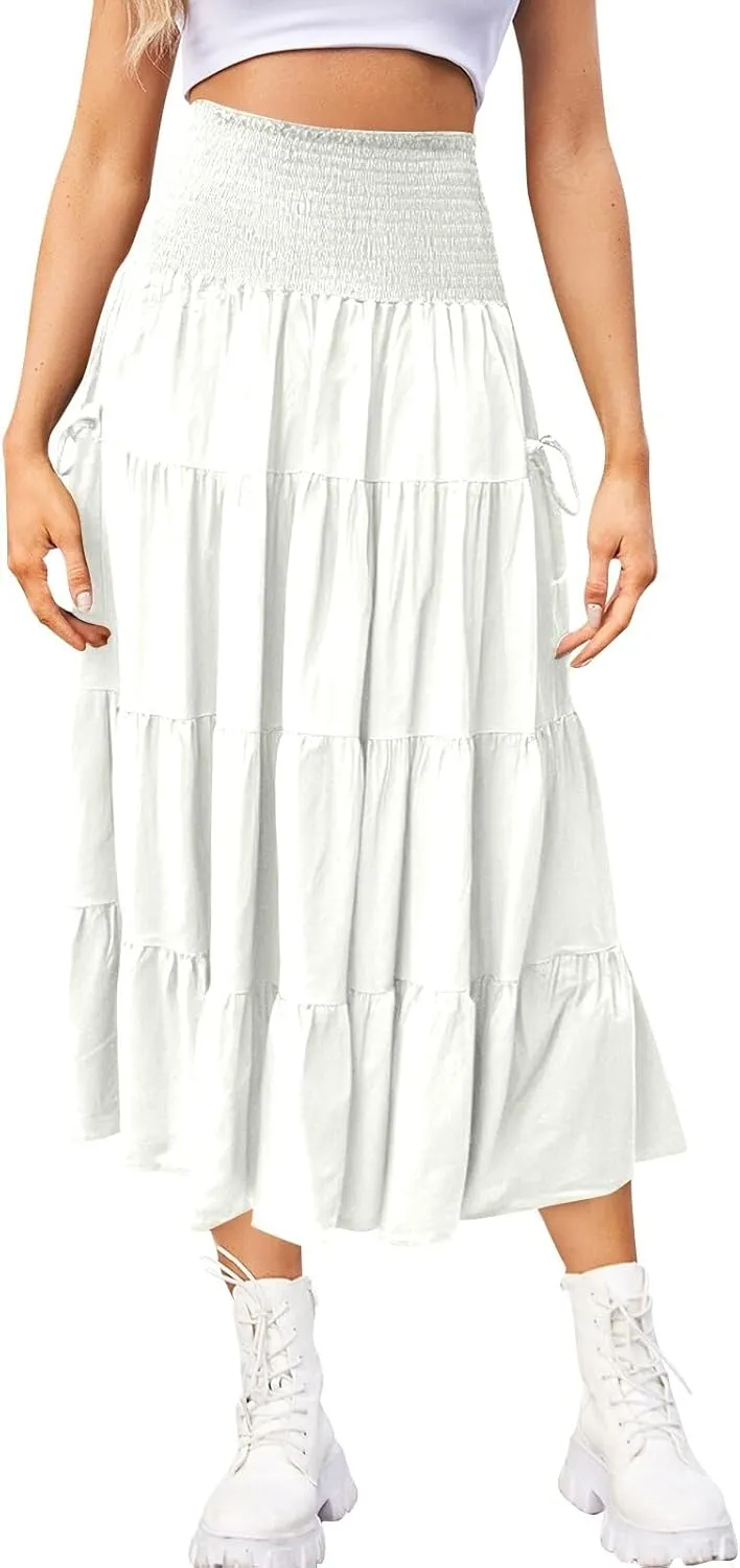 Womens Long Maxi Skirt Smocked Elastic Waist Pleated Tiered A Line Skirt Solid Beach Vacation Skirts with Pockets