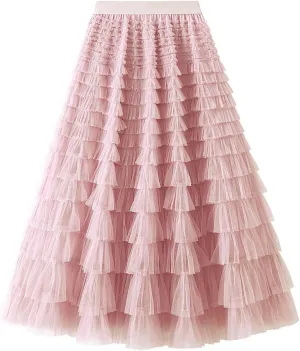 Women's Long Maxi Tulle Skirts A Line Ruffle High Waisted Tiered Layered Mesh Tutu Skirt Petticoat Costumes