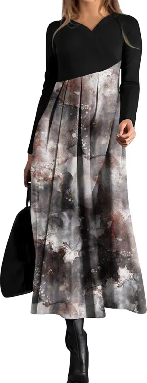 Womens Long Sleeve Formal Long Dresses Plus Size Fall Winter Casual Wedding Guest Cocktail Party Swing Midi Dress