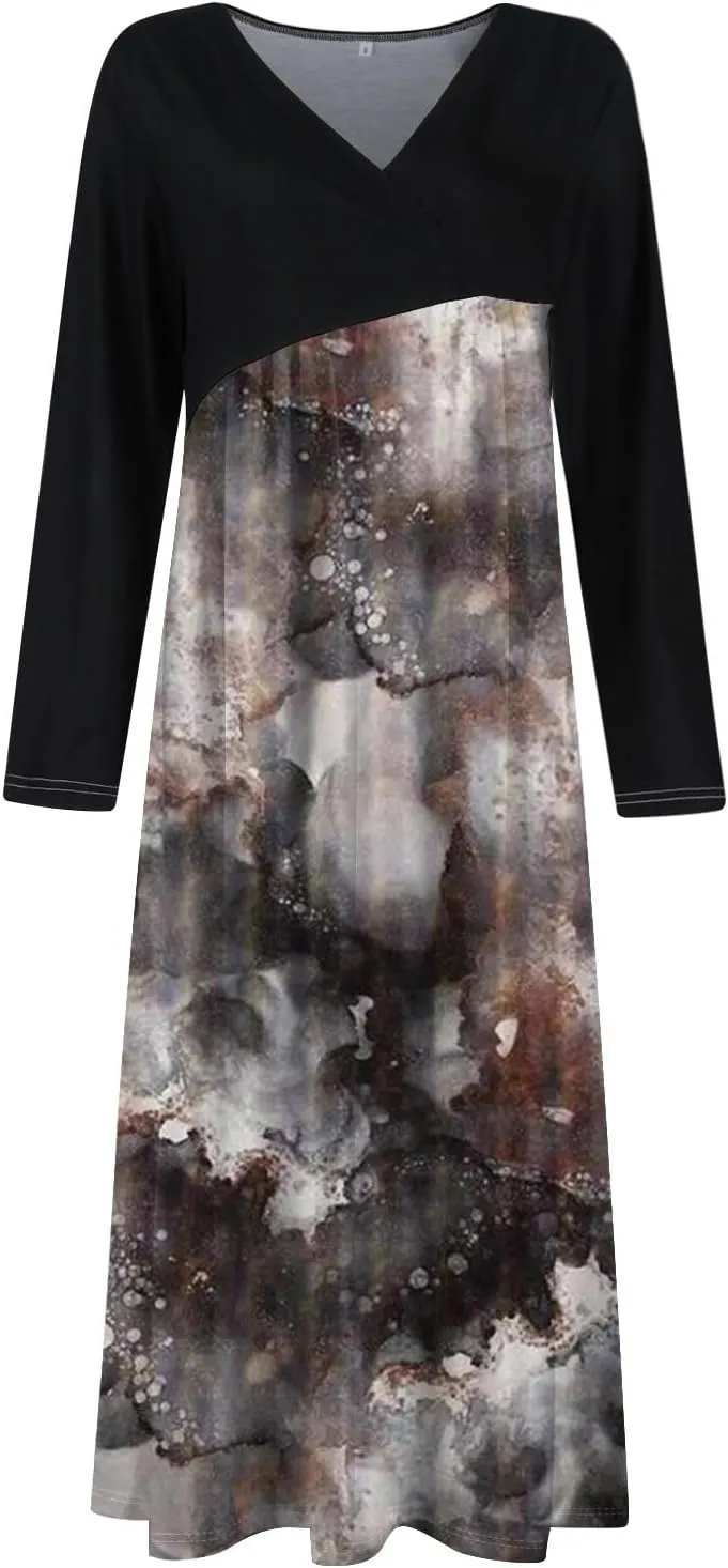 Womens Long Sleeve Formal Long Dresses Plus Size Fall Winter Casual Wedding Guest Cocktail Party Swing Midi Dress