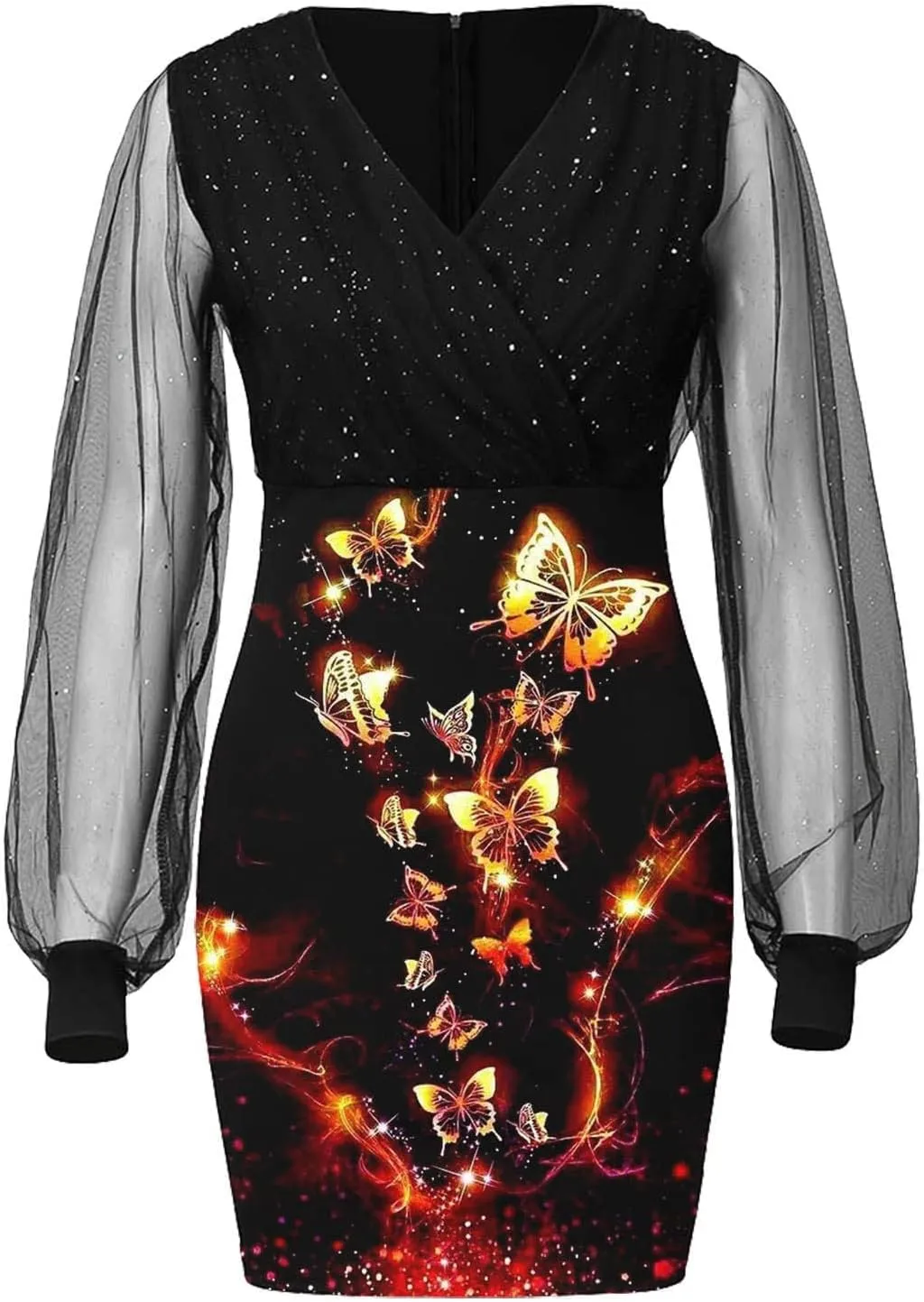 Women's Long Sleeve V-Neck Lace Printed Cocktail Prom Dresses