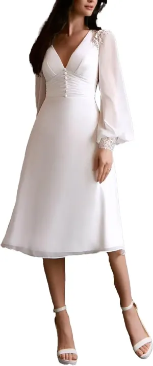 Women's Long Sleeves Wedding Dresses for Bride Tea Length Chiffon Bridal Dress A Line Midi Wedding Party Gown