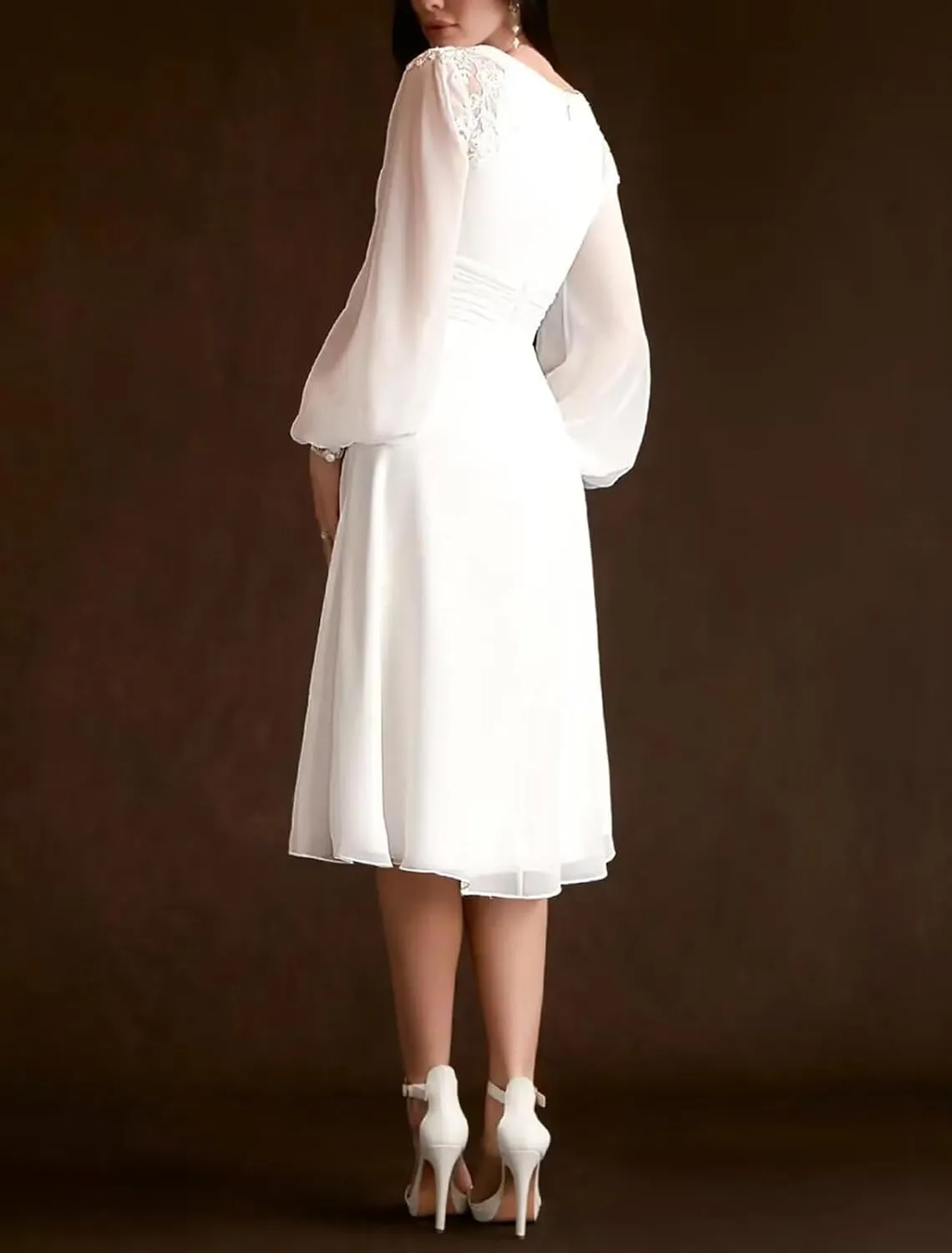 Women's Long Sleeves Wedding Dresses for Bride Tea Length Chiffon Bridal Dress A Line Midi Wedding Party Gown