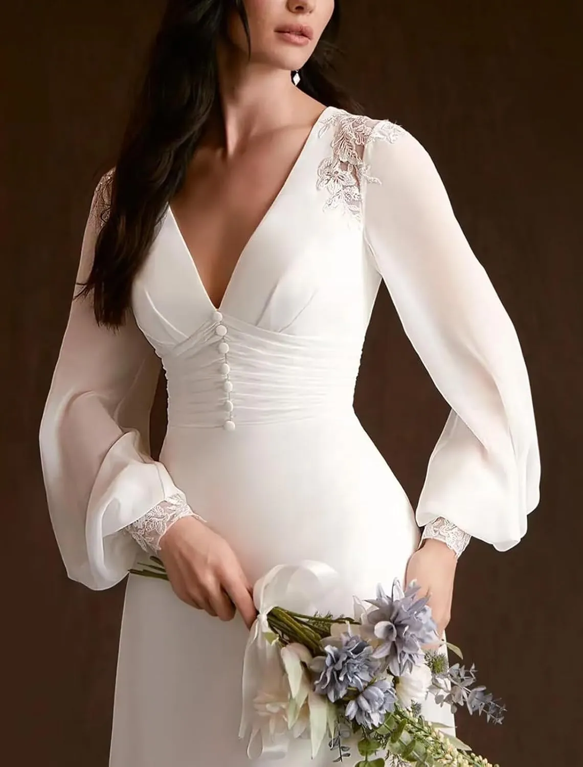 Women's Long Sleeves Wedding Dresses for Bride Tea Length Chiffon Bridal Dress A Line Midi Wedding Party Gown