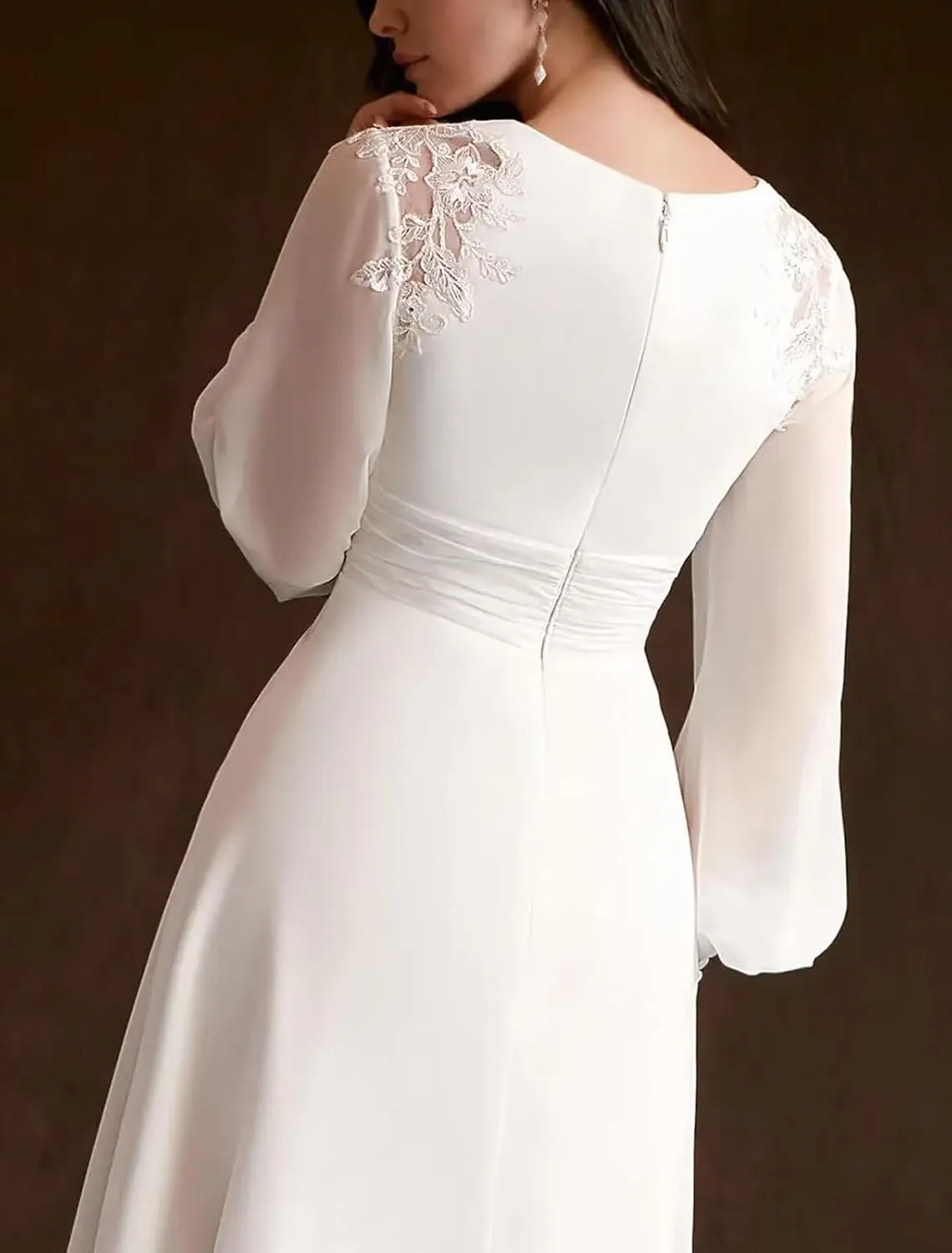 Women's Long Sleeves Wedding Dresses for Bride Tea Length Chiffon Bridal Dress A Line Midi Wedding Party Gown