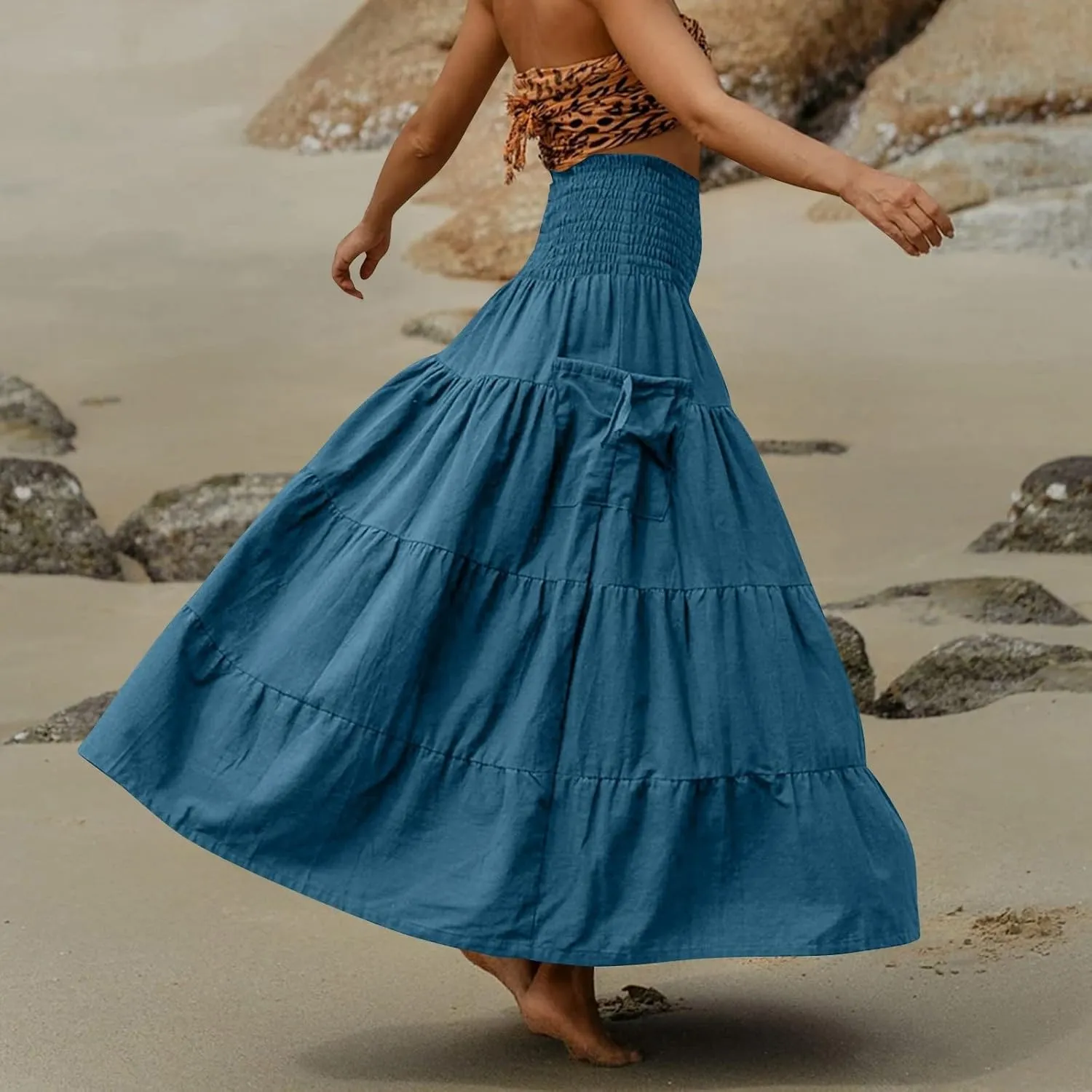 Women's Maxi Boho Skirt Long Pockets Hippie Bohemian Elastic Waist Gypsy Skirt Summer Flowy Pleated Tiered A Line Skirts