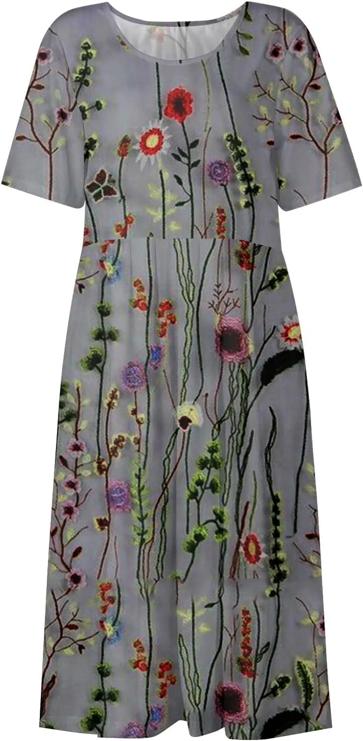 Women's Maxi Dresses 2025 Summer Casual Loose Trendy Short Sleeve Round Neck Solid Floral Printed Dress Plus Size, S-3XL