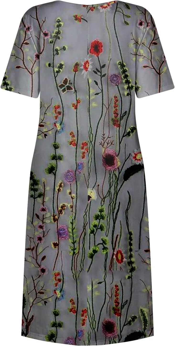 Women's Maxi Dresses 2025 Summer Casual Loose Trendy Short Sleeve Round Neck Solid Floral Printed Dress Plus Size, S-3XL