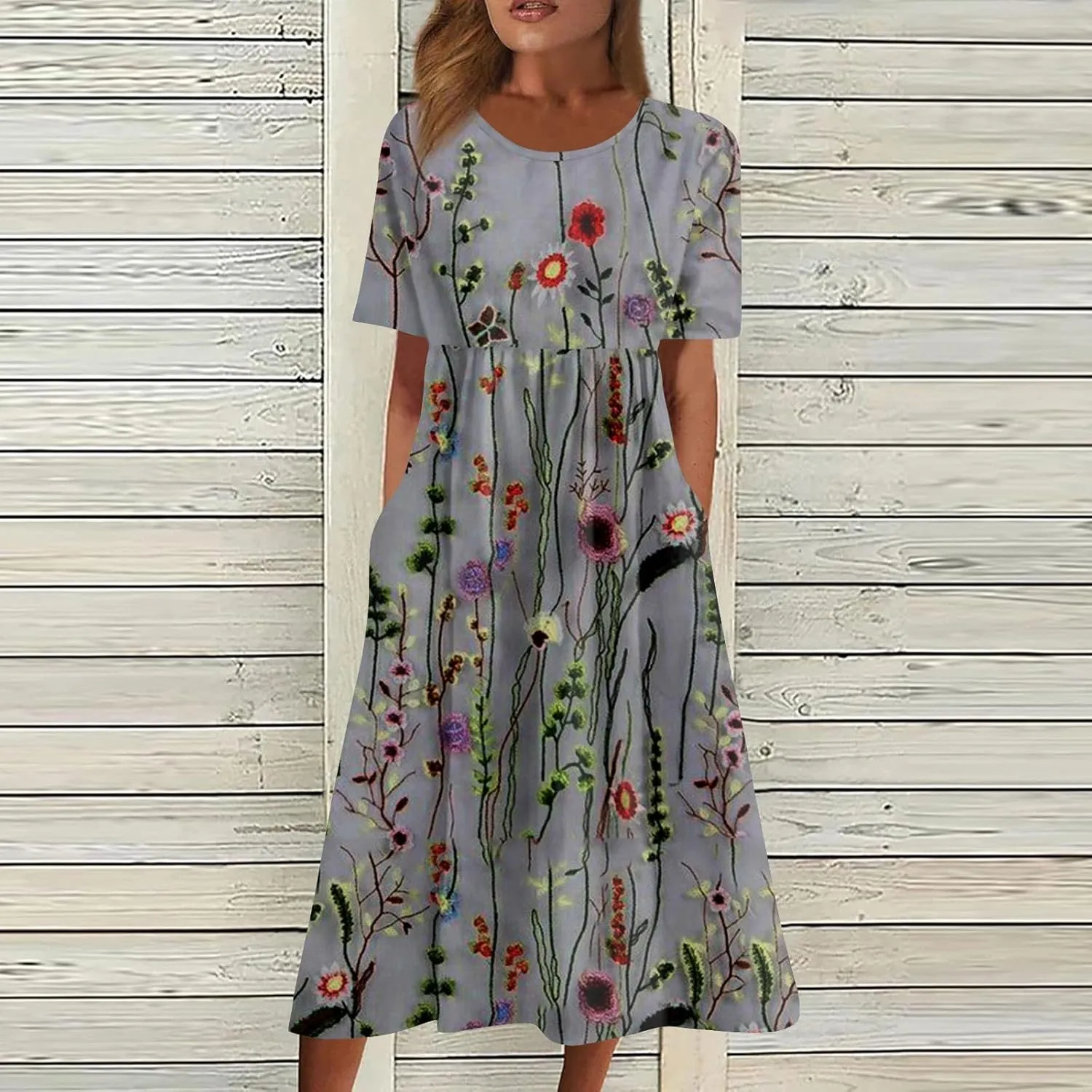 Women's Maxi Dresses 2025 Summer Casual Loose Trendy Short Sleeve Round Neck Solid Floral Printed Dress Plus Size, S-3XL